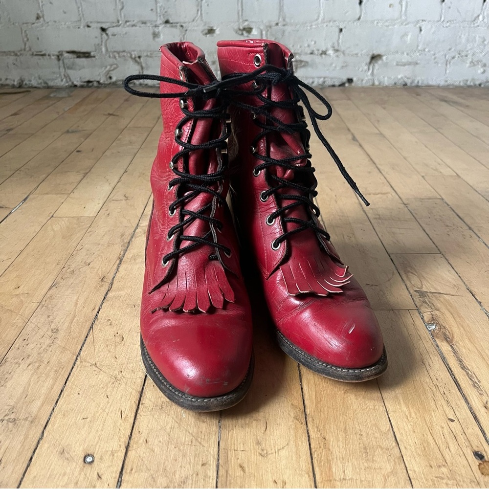 Justin Boots Red Lace-Up Leather Boots size 7